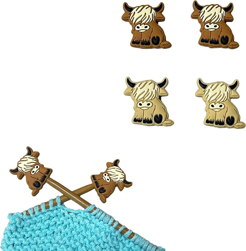 spansee 4 PCS Highland Cow Shape Stitch Stoppers, Knitting Needle Stoppers, Knitting Needle Point Protectors, Knitting Needle End Caps, Knitting Notions fit Size 3-13 (3.25mm-9mm) Needles - Image 1